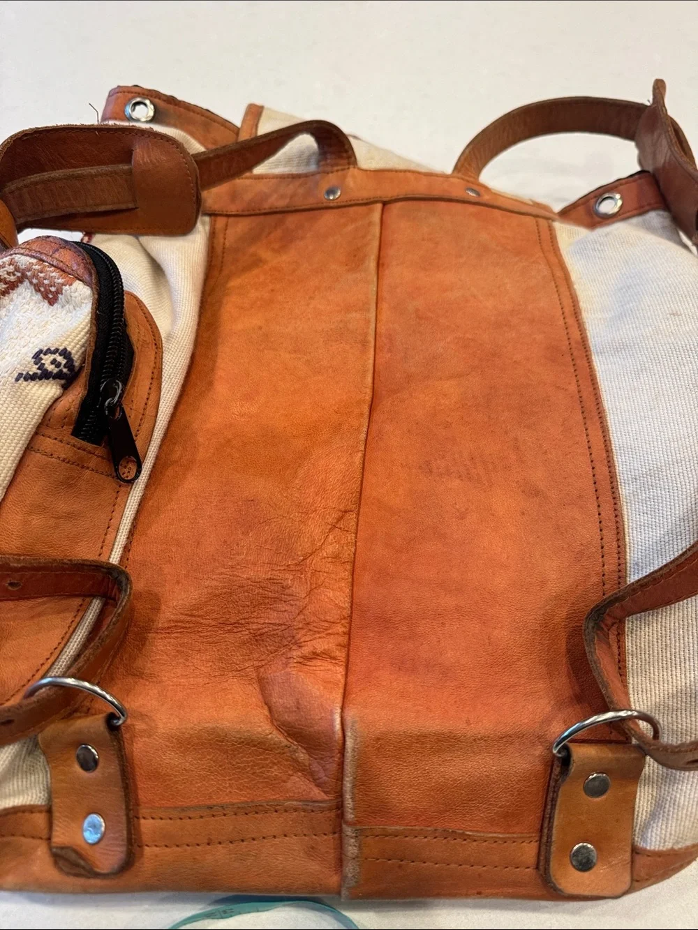 Woven Tribal Canvas Backpack with Brown Leather Trim - Multicolor worn but cool